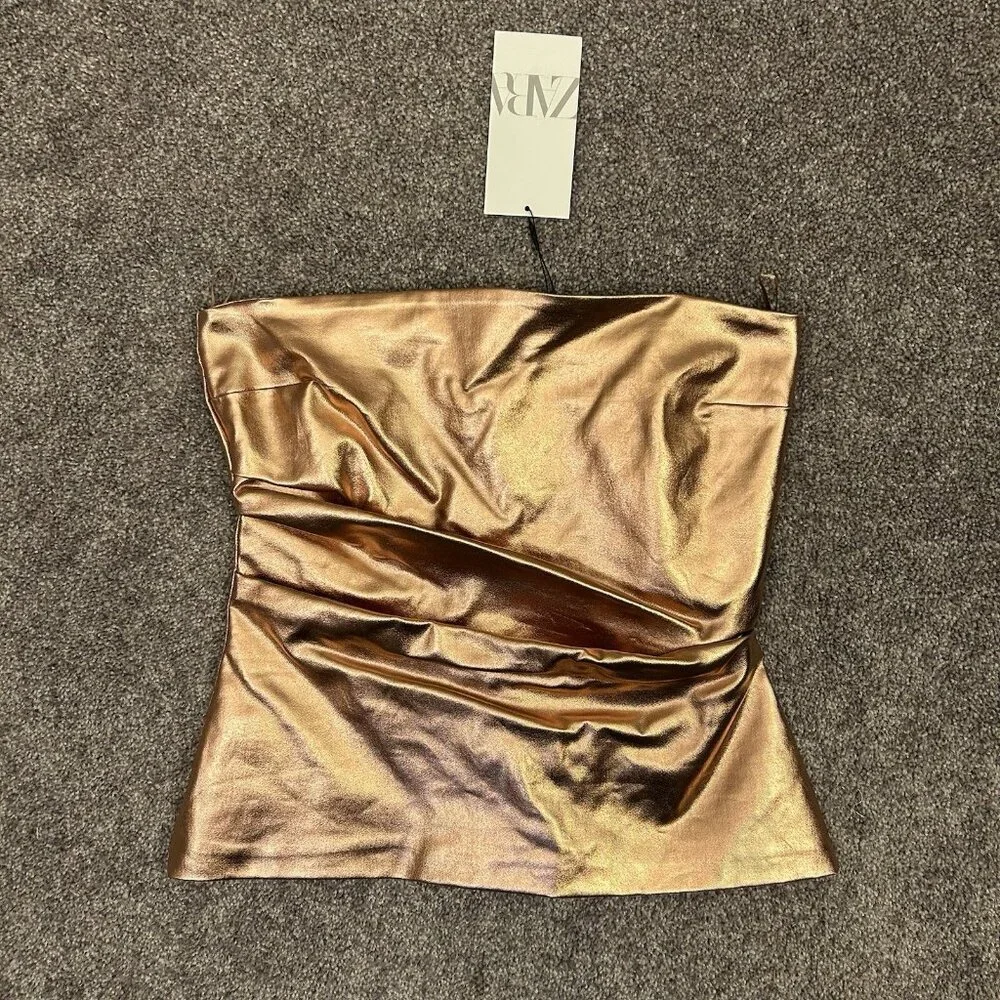 Zara Women's Bronze Metallic Off-Shoulder Strapless Top Size S - Small - NWT - Picture 5 of 16